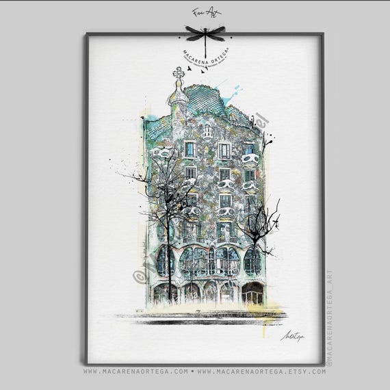 Casa Batlló Gaudí Watercolor Art Print | Barcelona Architecture Sketch | BCN Art | Gaudí's House Painting | Art by Macarena Ortega | N99