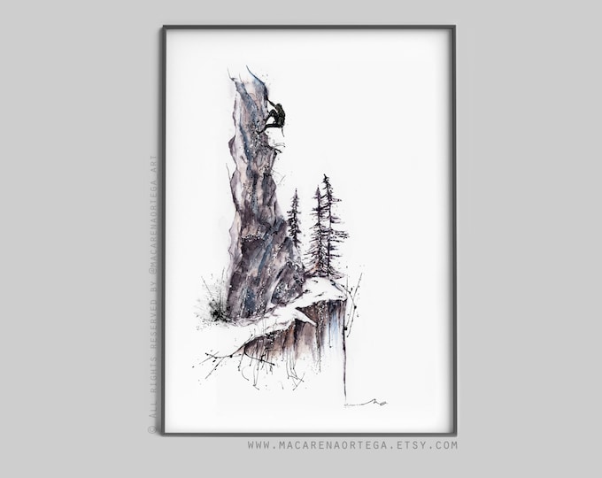 Rock Climber art watercolor print Climber adventurer Climbers Mountaineers Hikers outdoor mountain lover snow sports print snowy print (49)