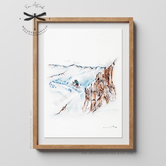Snowboarder Jump Skiing Watercolor Art Print | Skiing Snowboard Mountain Decor | Ski Lovers Sport Snowy | Freerider | Extreme Sport | N107