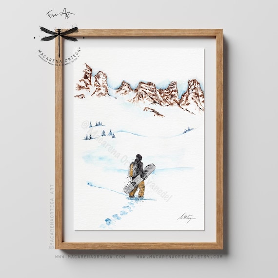 Snowboarder Splitboard Watercolor Art Print | Backcountry Snowboarding, Ski Touring, Winter Mountain, Alpine Wall Art, fresh powder | N151