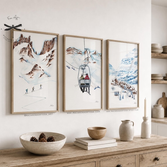 Ski Decor Collection, Set of 3 Watercolor Art Prints, Mountain Winter Wall Art, by Macarena Ortega