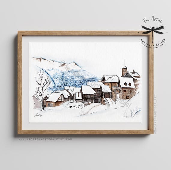 Vilamós Watercolor Art Print | Valle de Aran Pyrenees Mountain Town Painting Ski Center Spain Winter Village Pirineos Print | Ski Art | N113