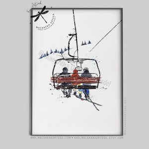 Gezin van 3 personen in stoeltjeslift aquarel kunstafdruk | Skiliftskiër, skiliftkunst, cadeau voor skiliefhebbers, snowboardsport skiresort