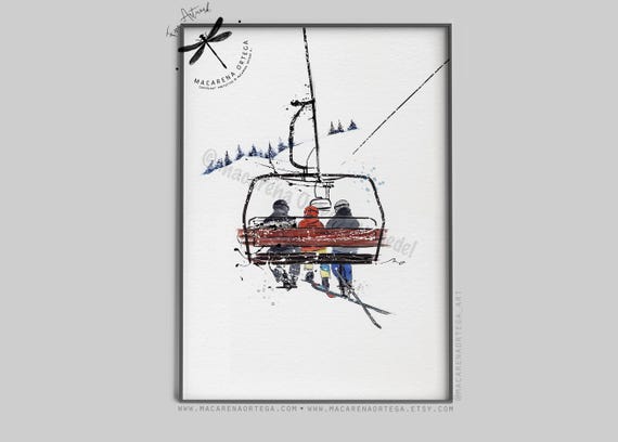 Family of 3 People in Chairlift Watercolor Art Print | Skilift Skier, Ski Lift Art, gift for Ski Lovers, Snowboarder Sport Skiing Ski Resort