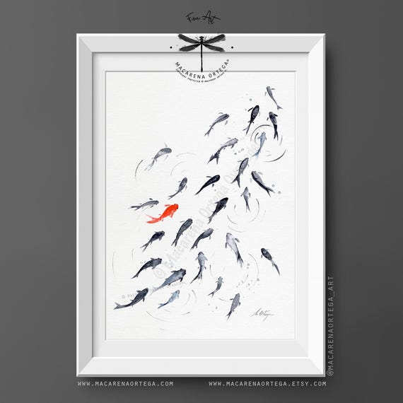 School of Koi Fish, Watercolor Art Print, Koi Pond Wall Art, Water Lilies Art, Japanese Inspired, Fish Art, by Macarena Ortega | N176