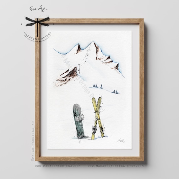 Snowboard and Skis Watercolor Art Print | Skiing Snowboarder and Skier Painting | Ski Lovers Wall Art | Winter Sport Art Decor | Alps | N8
