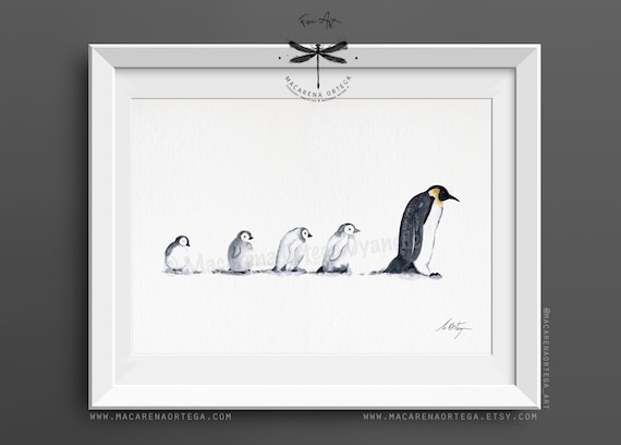 Penguin Mother and Babies, Watercolor Art Print | Minimalist Nordic Animal Family Decor, Arctic Wildlife Nursery Wall Art | N87