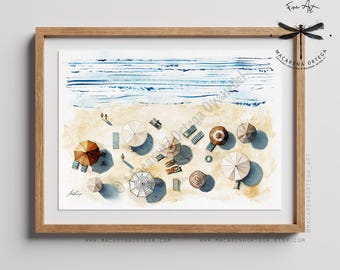 Vue aérienne de plage, aquarelle, parasols et serviettes colorés, art mural côtier, par Macarena Ortega | N133