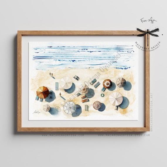 Aerial Beach Scene with Umbrellas and Towels Watercolor Art Print | Tiny People on the Beach | Summer Ocean Decor | Coastal Wall Art  | N133
