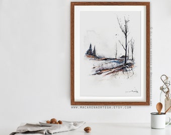 FarmHouse painting Watercolor (Nº41) print Mountain snowy forest art print snow landscape Winter nature (41)