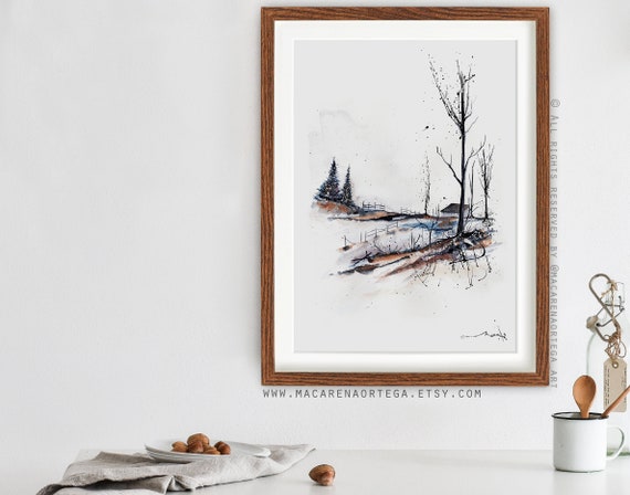 N41 | Farmhouse Watercolor Art Print | Snowy Mountain Forest Landscape | Winter Nature Artwork | Snowy Landscape Decor | Vintage Winter Art
