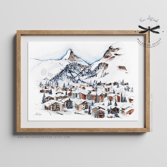 Zermatt Matterhorn Village Watercolor Art Print | Apres-Ski Art | Switzerland  Italy Alps Chairlift Ski Resort | Skiing Decor Prints | N66