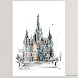 N163 / Impresión artística en acuarela de la Catedral de Barcelona / Ilustración de una iglesia gótica, arte de viaje a España, póster de una ciudad europea / Macarena Ortega