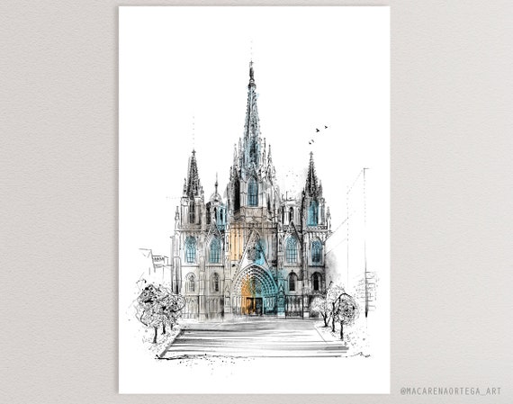 N163 | Cathedral of Barcelona Watercolor Art Print | Gothic Church Illustration, Spain Travel Art, European City Poster | Macarena Ortega