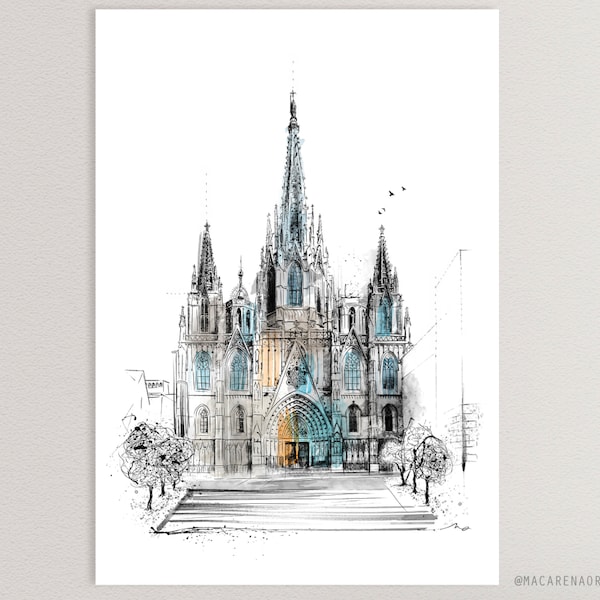 Cathedral Basilica of Barcelona Sketch print Church Barcelona prints Painting art Spain poster Illustration art Europe print city BCN (163)