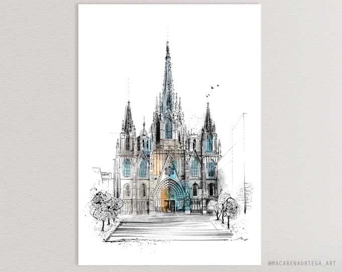 Cathedral Basilica of Barcelona Sketch print Church Barcelona prints Painting art Spain poster Illustration art Europe print city BCN (163)