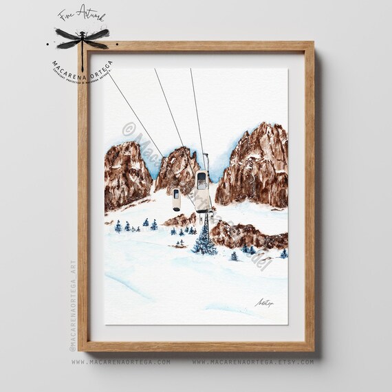 Dolomites Old Góndola lift Art Print, Vintage Cabin Watercolor | Nostalgic Retro Ski Italy | Alps Ski Lift Art | Macarena Ortega Art | N144
