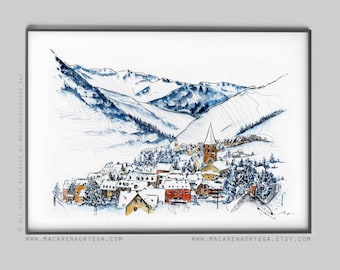 Salardú Watercolor art Valle de aran mountain Naut Aran Town art print Val d'Aran Spain ski center Pirineos Winter village from Salardu (84)