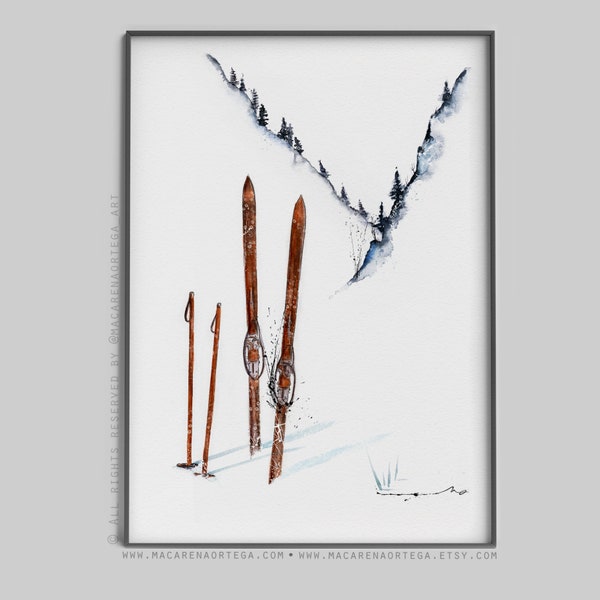 Holz Ski Kunst Aquarell Ski Druck Ski Aquarell Sport Gemälde Ski fahren verschneit Skifahrer Kunstdruck Schnee Natur (14)