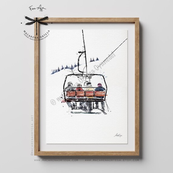 4 Friends in chairlift watercolor Skiers painting Ski lift art skis print snowboarder skiing ski resort apress ski art rustic ski decor