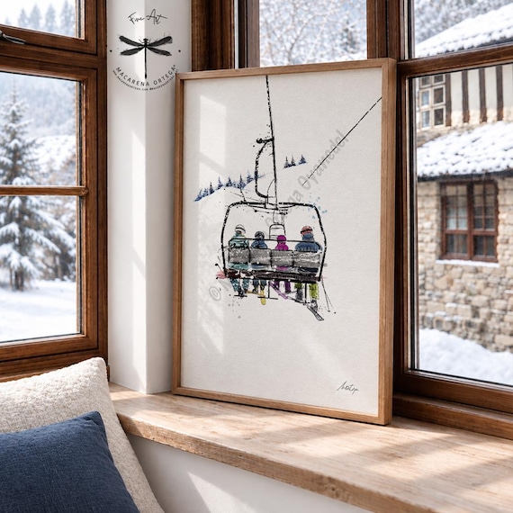 Family of 4 on a Chairlift, Watercolor Art Print, Winter Sports Artwork, Alpine Ski Resort Wall Art, by Macarena Ortega | N28