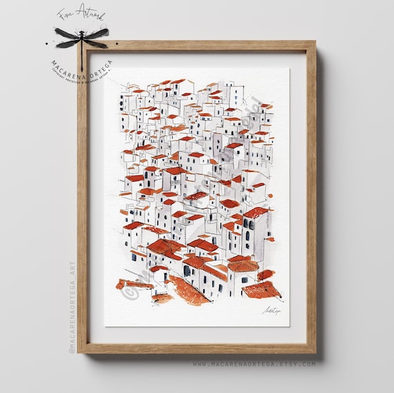 Casares Watercolor White Town in Spain Watercolor Art Print | Málaga, Andalusia | Modern Spanish Landscape | Handmade Macarena Ortega | N12