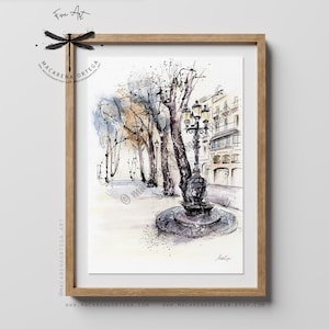 The Ramblas of Barcelona Watercolor Art Print | Font de Canaletes, Spain | BCN Urban Landscape, Architectural | By Macarena Ortega | N102
