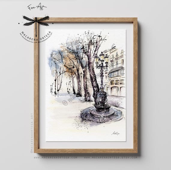The Ramblas of Barcelona Watercolor Art Print | Font de Canaletes, Spain | BCN Urban Landscape, Architectural | By Macarena Ortega | N102