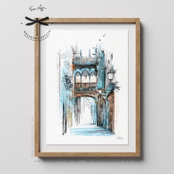 El Pont del Bisbe, Barcelona Watercolor Art Print | Famous Arch Bridge Spain Architecture Art, Barcelona City Print | Macarena Ortega | N111