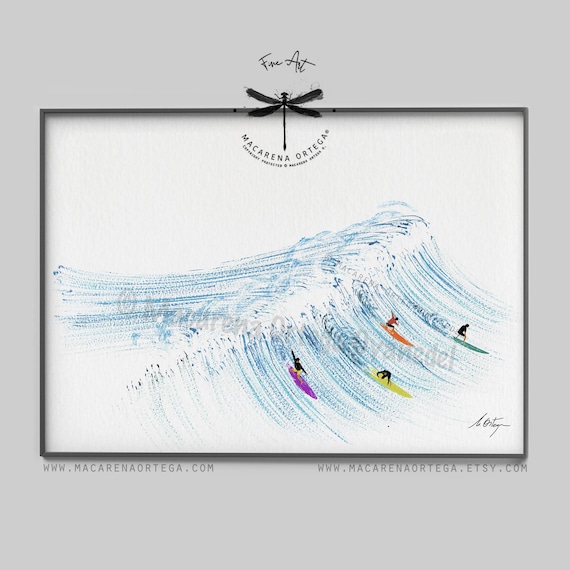 Surfers Wave Watercolor Art Print | Minimalist Surfing Wall Decor | Water Sports Poster | Coastal Ocean Art | Sea Lovers Painting | N125