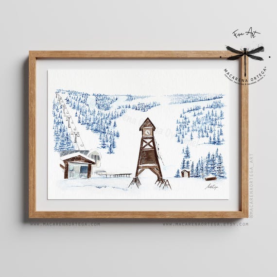 Schweitzer Mountain Resort Clock Tower Watercolor Art Print | Ski Village, Alpine Ski Decor, Ski Lovers | by Macarena Ortega | N29