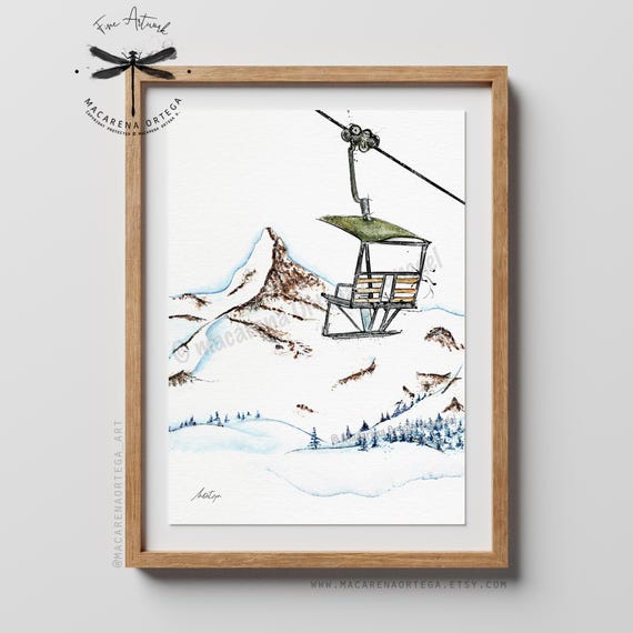 Vintage Gondola Lift Verbier Print | Old Ski Cabin Watercolor Art, Retro Alps Wall Art | Switzerland Ski Decor | by Macarena Ortega | N143