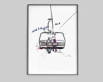 Parent and Child in chairlift art print chairlift watercolor Skiers (40/N72/78/101/28) Ski lift art skis print Sport skiing ski resort
