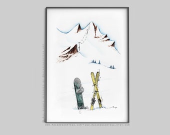 Snowboard and skis painting watercolor (Nº08) print Skiing snowboarder skier Skiing art and mountain ski lovers skis print Sport Snowy (08)