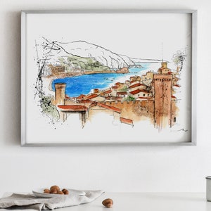 N88 | Impression d'art de château de Tossa de Mar | Aquarelle sur la Costa Brava, croquis de plage de la Méditerranée, oeuvre d'art murale de voyage en Espagne, côte de Barcelone | Été