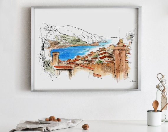 N88 | Tossa de Mar Castle Art Print | Costa Brava Watercolor, Mediterranean Beach Sketch, Spain Travel Wall Art, Barcelona Coast | Summer