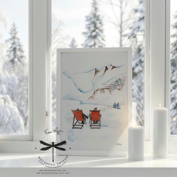 Après-ski Vintage Watercolor Print | Couple Relaxing in Snowy Landscape, Retro Ski Vibe, Apresski Affiche Ski Art | Macarena Ortega | N146