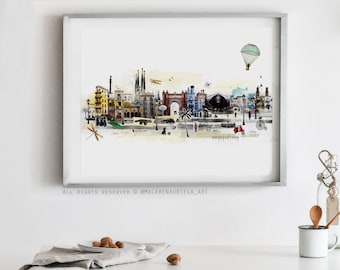 Barcelona art print skyline collage (Nº42) Barcelona painting Spain art print handmade poster art Europe print city modern decor (042)