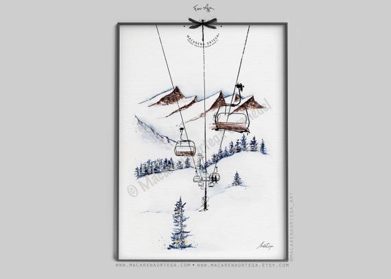 Chairlift Watercolor Art Print | Ski Lift Station Painting | Ski Wall Art | Ski Lover | Ski Resort Decor Snow Sport | Macarena Ortega | N60