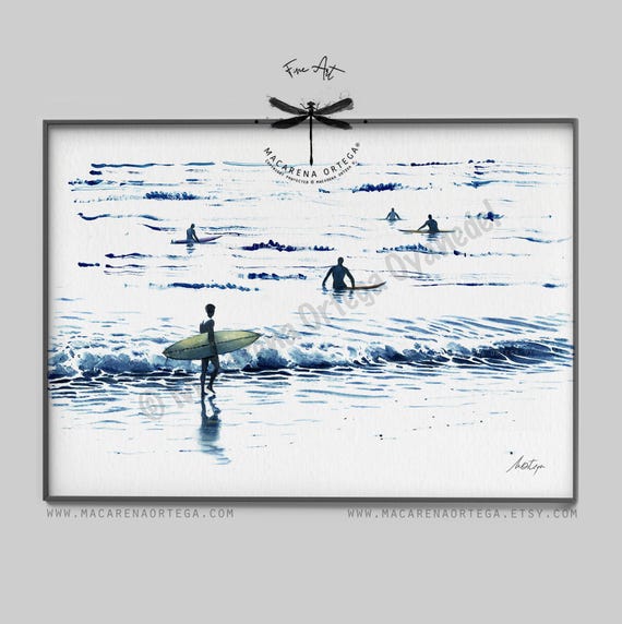 Surfers Waiting for the Wave Watercolor Art Print | Ocean Lovers, Surf Art | People on Beach | Beach Painting | Summer Vibes Prints | N135