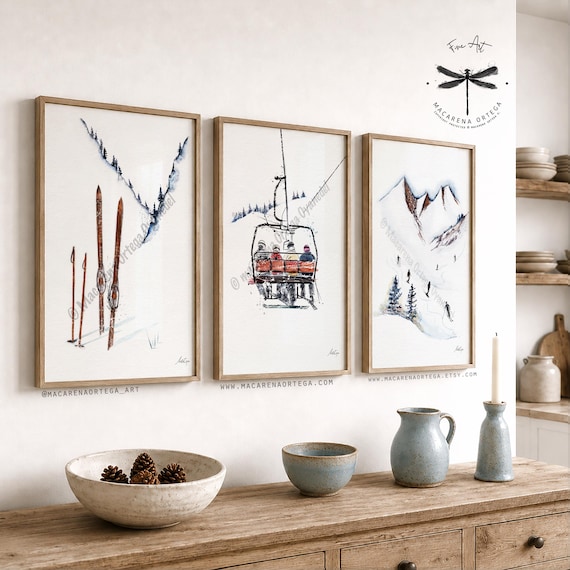 Alpine Ski Collection, Set of 3 Watercolor Art Prints, Winter Mountain Wall Art, by Macarena Ortega