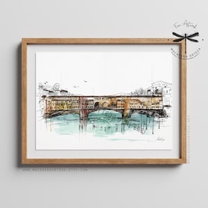 Ponte Vecchio Florence Watercolor Art Print | Firenze Skyline, Italy Bridge Sketch | European Travel, Architectural Wall Art | N4