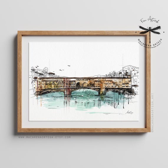 Ponte Vecchio Florence Watercolor Art Print | Firenze Skyline, Italy Bridge Sketch | European Travel, Architectural Wall Art | N4