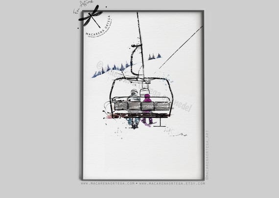 Parent and Child in chairlift watercolor art print chairlift painting Skiers Ski lift art skis print Sport skiing ski resort mountain decor