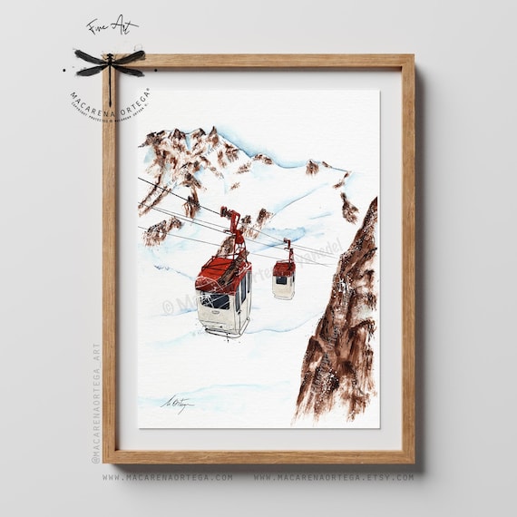 Old Red Góndola Lift Chamonix Print, Aiguille du Midi Mont Blanc France Alps, Vintage Cabin Watercolor Art | Nostalgic Retro Ski Alps | N150