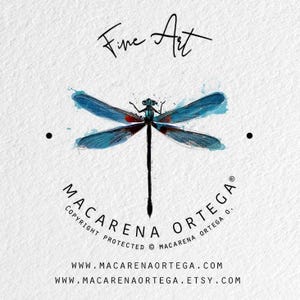 May include: A watercolor-style logo featuring a dragonfly with blue wings and a black body. The words "Fine Art" are above the dragonfly, and the name "Macarena Ortega" is below, along with website addresses.