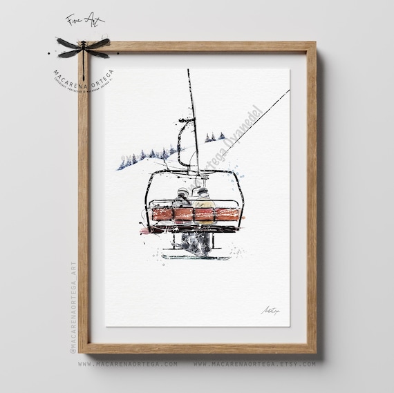 Ski Lift Couple Watercolor Art Print | Two Snowboard Art, Snowboarding & Skiing Decor, Wedding or Anniversary Gift | San Valentine day Gift