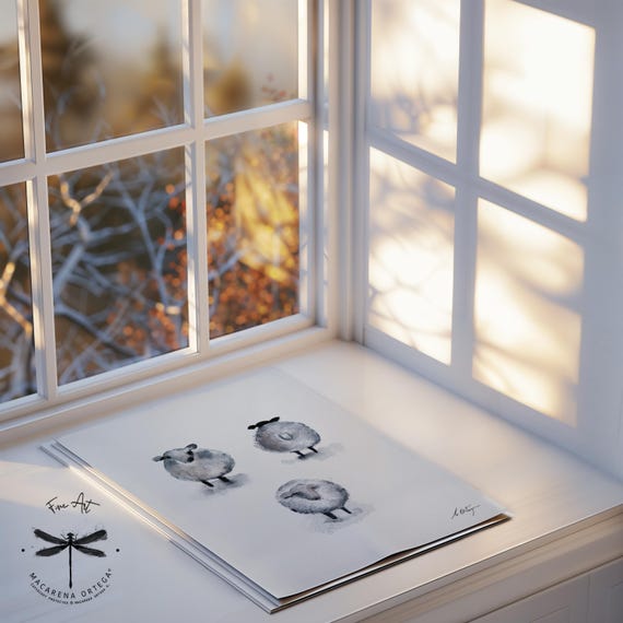 Three Sheep Woolly Friends Watercolor Art Print | Minimalist Farm Animal Nordic Kitchen Decor, Rustic Mountain Home Style, xmas gift | N164