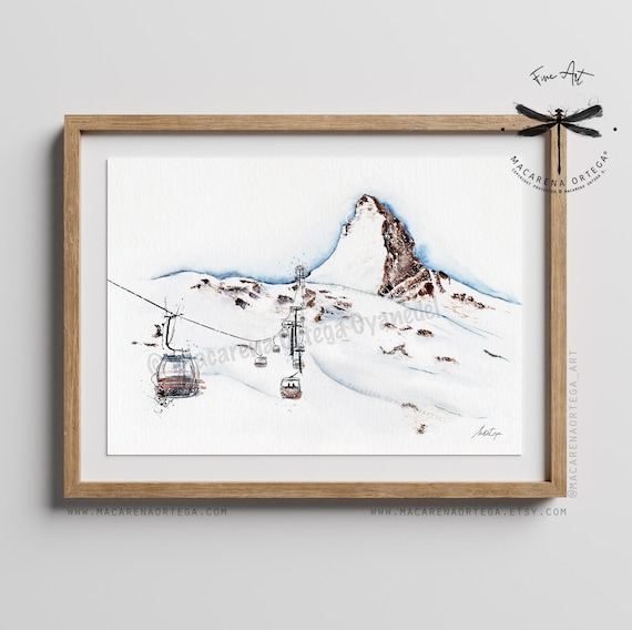 Matterhorn Zermatt Watercolor Art Print | Ski Resort Switzerland & Italy | Alps Chairlift Ski Lift Art | Skiing Decor | Handmade Art | N63