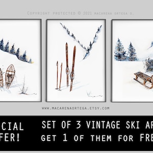 Vintage SKIING ART SET of 3 prints 1 of them for free!!  Special Offer Mountain outdoor old snowshoes, skis and sled art ski art prints -B